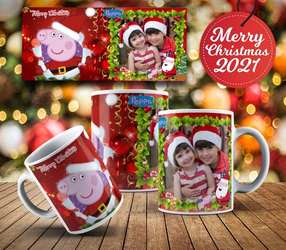This vibrant, durable, and long lasting Peppa Christmas Photo mug will stand out. Add your favorite family image to drink your coffee or tea in a mug with style and personality. Make your Peppa Christmas Photo mug extra special by adding a name.  You can put hot and cold drinks in them.  
