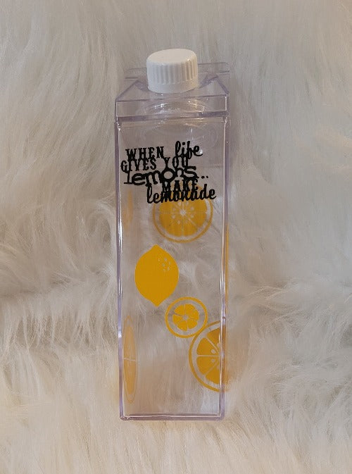 Drink your water out this unique When Life Gives You Lemons milk carton water bottle. Adding a name always makes it better.