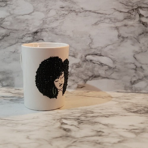 Say It Loud Afro mug. Vibrant, sparkly and it will stand out. Drink your coffee or tea with some class and razzle dazzle. Pearls (black only) or glass rhinestones (3 colors)..