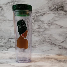 Load image into Gallery viewer, Nubian Queen Acrylic Tumbler. This tumbler has some razzle dazzle with lux glass rhinestones. Add a name to take it to the next level.
