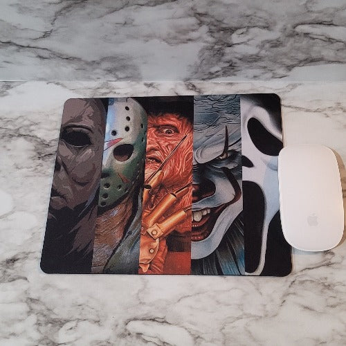 All of your favorite Halloween movie killers mouse pad. Add a little fright to your home office or at work with this Halloween theme mouse pad.