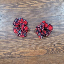 Load image into Gallery viewer, The Makayla plaid handmade hair scrunchie. A comfortable way to keep your hair up and it even looks cute on your wrist when you want to take your hair down.  
