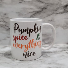 Load image into Gallery viewer, This vibrant, durable, and long lasting Pumpkin Spice mug will stand out. Drink your favorite coffee or tea with a mug that shows off your style and personality. Make your Pumpkin Spice mug extra special by adding a name.
