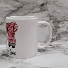 Load image into Gallery viewer, This vibrant, durable, and long lasting Breast Cancer Peace, Love, Cure mug will stand out. Drink your favorite coffee or tea with a mug that shows off your style and personality. Make your Peace, Love, Cure mug extra special by adding a name.
