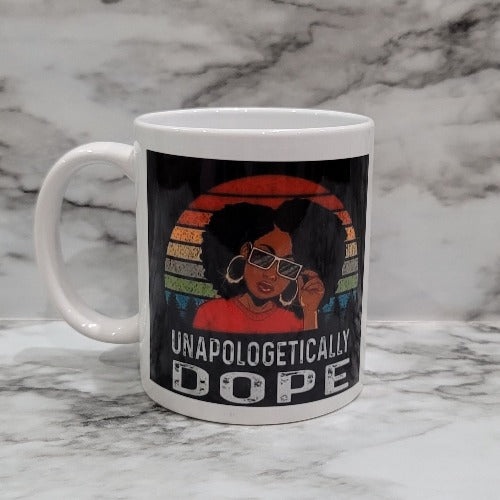This vibrant, durable, and long lasting Unapologetically Dope mug will stand out. Drink your favorite coffee or tea with a mug that shows off your style and personality. Make your Unapologetically Dope mug extra special by adding a name.