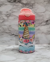 Load image into Gallery viewer, This Flower Unicorn sublimation kids glow in the dark tumbler can be personalized with a name to take it to the next level. Vibrant colors, durable, and long lasting. GLOW IN THE DARK IS ALWAYS BETTER!!!!!

