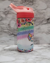 Load image into Gallery viewer, This Flower Unicorn sublimation kids glow in the dark tumbler can be personalized with a name to take it to the next level. Vibrant colors, durable, and long lasting. GLOW IN THE DARK IS ALWAYS BETTER!!!!!
