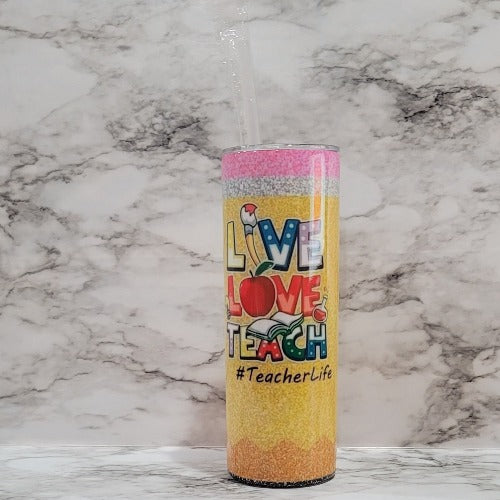 Show the teachers some love with this #Teacher Life pencil style tumbler. Vibrant, long lasting, and durable. Make sure to add a name to take it to the next level.