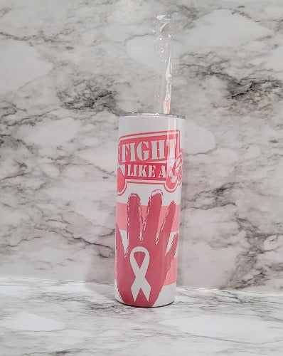 Fight Like a Girl Breast Cancer tumbler is vibrant, long lasting, and durable. Add a name to make it extra special.