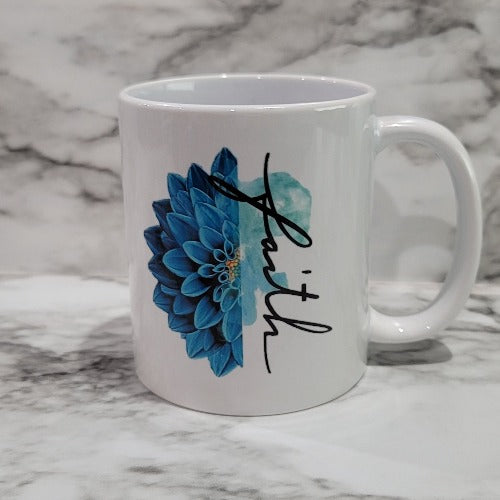 This vibrant, durable, and long lasting Faith Flower mug will stand out. Drink your favorite coffee or tea with a mug that shows off your style and personality. Make your Faith Flower mug extra special by adding a name.