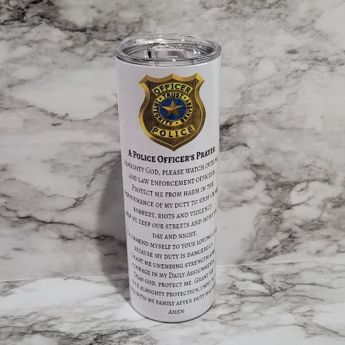 This Police Officer tumbler is the perfect way to say thank you, show love and support to a local hero. Let them know how much they are appreciated for all that they do. It is vibrant, long lasting, and durable. Add a name to take it to the next level.