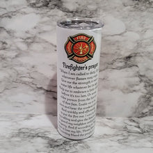 Load image into Gallery viewer, This Firefighter tumbler is the perfect way to say thank you, show love and support to a local hero. Let them know how much they are appreciated for all that they do. It is vibrant, long lasting, and durable. Add a name to take it to the next level.
