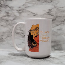 Load image into Gallery viewer, This Black Girls Been Magic vibrant, durable, and long lasting mug will stand out. Drink your favorite coffee or tea with a mug that shows off your style and personality. Make your Black Girls Been Magic mug extra special by adding a name.  Great gifts to a teacher, boss, friend or treat yourself.  You can put hot and cold drinks in them. 
