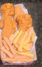 Load image into Gallery viewer, You get 2 unique fragrances with this delicious looking Fried Chicken and French Fries platter Wax Melt set. 
