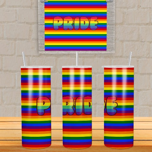  Rainbow Pride tumbler. Vibrant, long lasting, and durable. Make sure to add a name to take it to the next level.  Each tumbler comes with a lid, reusable straw and care instructions. Hand Wash ONLY  20 oz. Tumbler Stainless steel, double wall, and insulated  Not dishwasher safe Not Microwave safe FDA food safe