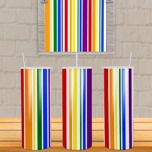 Rainbow Stripes Pride tumbler. Vibrant, long lasting, and durable. Make sure to add a name to take it to the next level.  Each tumbler comes with a lid, reusable straw and care instructions. Hand Wash ONLY  20 oz. Tumbler Stainless steel, double wall, and insulated  Not dishwasher safe Not Microwave safe FDA food safe