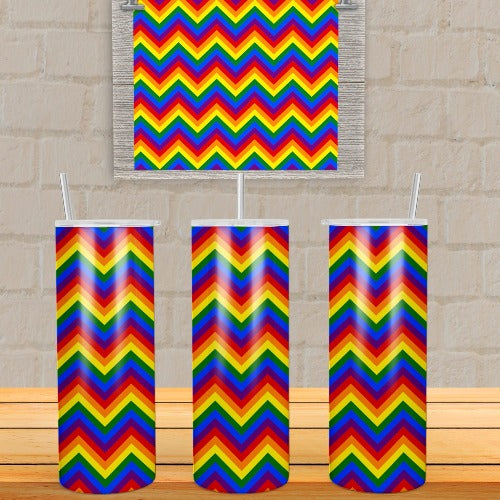 Zig Zag Pride tumbler. Vibrant, long lasting, and durable. Make sure to add a name to take it to the next level.  Each tumbler comes with a lid, reusable straw and care instructions. Hand Wash ONLY  20 oz. Tumbler Stainless steel, double wall, and insulated  Not dishwasher safe Not Microwave safe FDA food safe