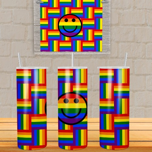 Smiley Emoji Pride tumbler. Vibrant, long lasting, and durable. Make sure to add a name to take it to the next level.  Each tumbler comes with a lid, reusable straw and care instructions. Hand Wash ONLY  20 oz. Tumbler Stainless steel, double wall, and insulated  Not dishwasher safe Not Microwave safe FDA food safe
