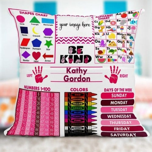 Customize this Learning name and picture pillow for that special little one in your life. They will be able to learn so many things and then take it to bed to dream of everything they just learned. This will become their favorite bed time pillow.